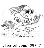 Royalty Free RF Clip Art Illustration Of A Cartoon Black And White Outline Design Of An Octopus Playing A Banjo And Surfing by toonaday