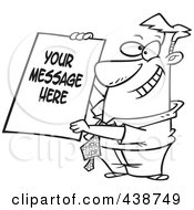 Poster, Art Print Of Cartoon Black And White Outline Design Of A Businessman Holding A Sign With Sample Text