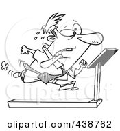 Poster, Art Print Of Cartoon Black And White Outline Design Of A Businessman Running On A Treadmill In The Office Gym