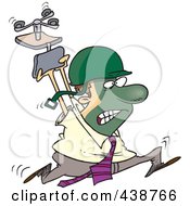Royalty Free RF Clip Art Illustration Of A Cartoon Businessman Running Through The Office With Face Paint A Helmet And Chair Above His Head by toonaday