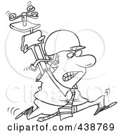 Poster, Art Print Of Cartoon Black And White Outline Design Of A Businessman Running Through The Office With Ahelmet And Chair Above His Head