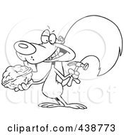 Royalty Free RF Clip Art Illustration Of A Cartoon Black And White Outline Design Of A Squirrel Holding A Nut And Hammer by toonaday