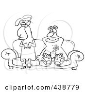 Royalty Free RF Clip Art Illustration Of A Cartoon Black And White Outline Design Of A Bear And Llama Couple On A Couch