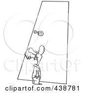 Poster, Art Print Of Cartoon Black And White Outline Design Of A Tiny Businessman Looking Up At A Door