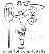 Royalty Free RF Clip Art Illustration Of A Cartoon Black And White Outline Design Of An Obedient Woman Standing By A Stop Sign