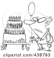 Cartoon Black And White Outline Design Of An Old Man Holding A Balloon By A Birthday Cake