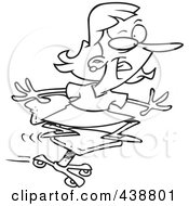 Poster, Art Print Of Cartoon Black And White Outline Design Of A Businesswoman Surfing On Her Office Chair