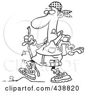 Royalty Free RF Clip Art Illustration Of A Cartoon Black And White Outline Design Of A Hiker Walking Over A Tiny Obstacle
