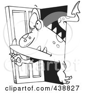 Cartoon Black And White Outline Design Of A Monster Coming Through A Door