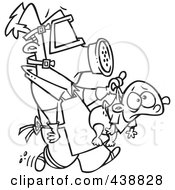 Royalty Free RF Clip Art Illustration Of A Cartoon Black And White Outline Design Of A New Dad Wearing Protective Gear And Carrying A Baby