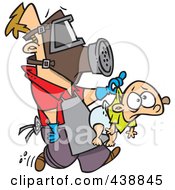 Poster, Art Print Of Cartoon New Dad Wearing Protective Gear And Carrying A Baby