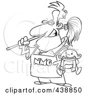 Royalty Free RF Clip Art Illustration Of A Cartoon Black And White Outline Design Of A Stay At Home Dad Holding A Baby