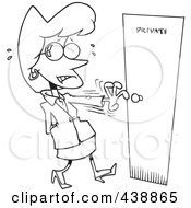 Royalty Free RF Clip Art Illustration Of A Cartoon Black And White Outline Design Of A Nervous Woman Opening A Private Door