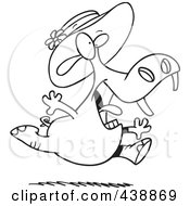 Poster, Art Print Of Cartoon Black And White Outline Design Of A Hippo Running In A New Hat
