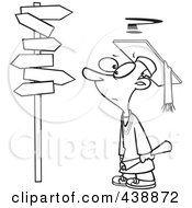 Poster, Art Print Of Cartoon Black And White Outline Design Of A Graduate Boy Staring At Many Signs
