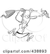 Poster, Art Print Of Cartoon Black And White Outline Design Of A Woman Chasing Money With A Net