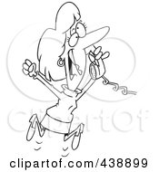 Royalty Free RF Clip Art Illustration Of A Cartoon Black And White Outline Design Of A Woman Jumping And Hearing Happy News On The Phone