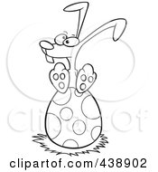 Poster, Art Print Of Cartoon Black And White Outline Design Of A Bunny Nesting On An Easter Egg