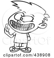 Poster, Art Print Of Cartoon Black And White Outline Design Of A Boy Showing His New Braces