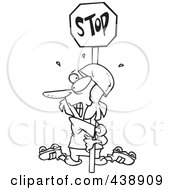 Royalty Free RF Clip Art Illustration Of A Cartoon Black And White Outline Design Of A Clumsy Roller Blader Hugging A Stop Sign