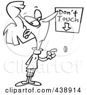Royalty Free RF Clip Art Illustration Of A Cartoon Black And White Outline Design Of A Woman About To Push A Restricted Button