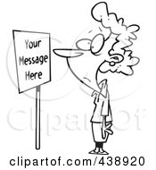 Royalty Free RF Clip Art Illustration Of A Cartoon Black And White Outline Design Of A Woman Staring At A Sign With Sample Text