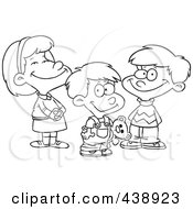 Poster, Art Print Of Cartoon Black And White Outline Design Of A Girl And Two Boys