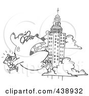 Poster, Art Print Of Cartoon Black And White Outline Design Of Kong Carrying A Woman And Climbing A Skyscraper
