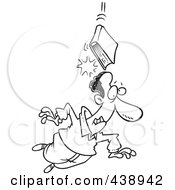Royalty Free RF Clip Art Illustration Of A Cartoon Black And White Outline Design Of A Book Of Knowledge Falling On A Man by toonaday