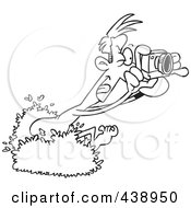 Royalty Free RF Clip Art Illustration Of A Cartoon Black And White Outline Design Of A Nude Man Popping Out Of A Bush And Taking Pictures