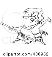 Royalty Free RF Clip Art Illustration Of A Cartoon Black And White Outline Design Of A Woman Rocking Out With A Broom
