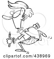 Poster, Art Print Of Cartoon Black And White Outline Design Of A Woman Running With A Pencil