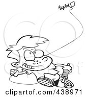 Royalty Free RF Clip Art Illustration Of A Cartoon Black And White Outline Design Of A Boy Flying A Kite 2