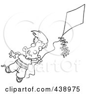 Poster, Art Print Of Cartoon Black And White Outline Design Of A Boy Flying A Kite - 1