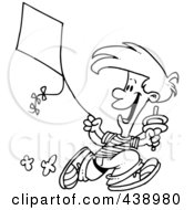 Royalty Free RF Clip Art Illustration Of A Cartoon Black And White Outline Design Of A Boy Flying A Kite 3