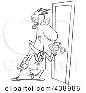 Poster, Art Print Of Cartoon Black And White Outline Design Of A Businessman Knocking On A Door
