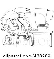 Poster, Art Print Of Cartoon Black And White Outline Design Of School Children Using A Computer
