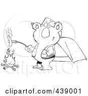 Poster, Art Print Of Cartoon Black And White Outline Design Of A Camping Koala Roasting A Hot Dog Over A Fire