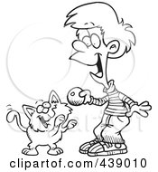 Royalty Free RF Clip Art Illustration Of A Cartoon Black And White Outline Design Of A Boy Playing With A Kitten