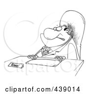 Royalty Free RF Clip Art Illustration Of A Cartoon Black And White Outline Design Of A Businessman With A Kneel Sign On His Desk