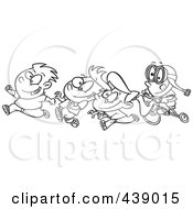 Cartoon Black And White Outline Design Of A Boy Chasing His Friends On His Trike