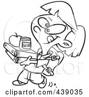 Royalty Free RF Clip Art Illustration Of A Cartoon Black And White Outline Design Of A Keen Girl Carrying Binders