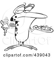 Poster, Art Print Of Cartoon Black And White Outline Design Of A Frog Putting Ketchup On A Fly