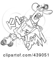 Cartoon Black And White Outline Design Of A Stunt Man Shooting Out Of A Canon