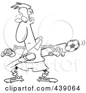 Royalty Free RF Clip Art Illustration Of A Cartoon Black And White Outline Design Of A Ball Flying Through A Soccer Players Body