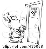 Poster, Art Print Of Cartoon Black And White Outline Design Of A Businessman At A Door With A Keep Out Sign