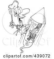 Poster, Art Print Of Cartoon Black And White Outline Design Of A Cook On A Fourth Of July Rocket