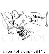 Cartoon Black And White Outline Design Of A Jungle Lord Holding Out A Sign With Sample Text