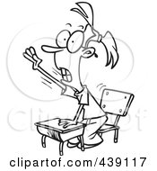 Royalty Free RF Clip Art Illustration Of A Cartoon Black And White Outline Design Of A Smart School Girl Raising Her Hand