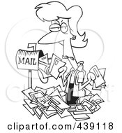 Poster, Art Print Of Cartoon Black And White Outline Design Of A Woman Overwhelmed With Junk Mail